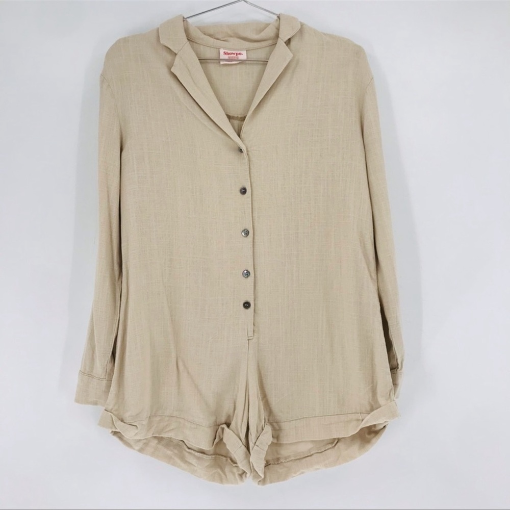 Showpo Long Sleeve Linen Blend Button Down Romper Tan Size 4
